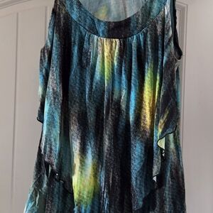 Ashley Stewart Teal, Blue & Yellow Tie-Dye Ruffle Tank Top